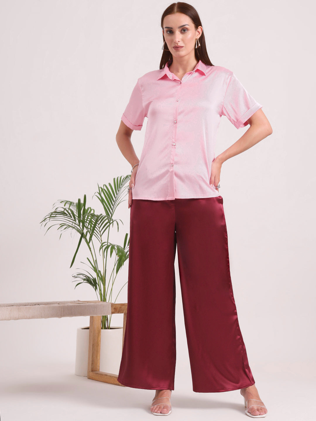Women's European Satin Flared Pleated Trouser