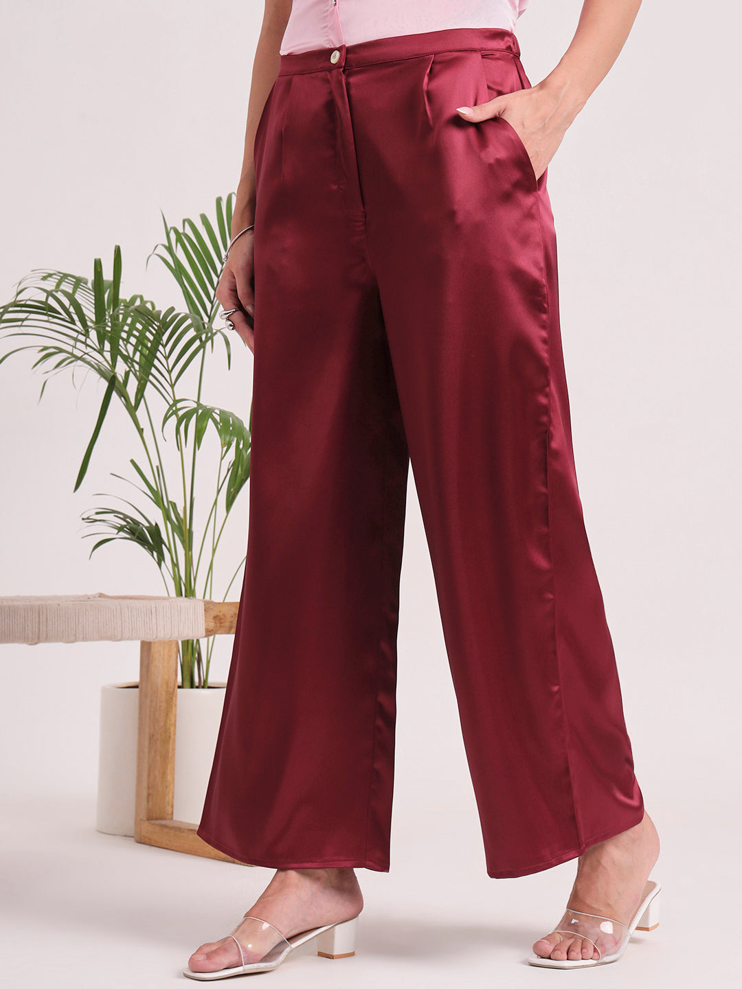 Women's European Satin Flared Pleated Trouser