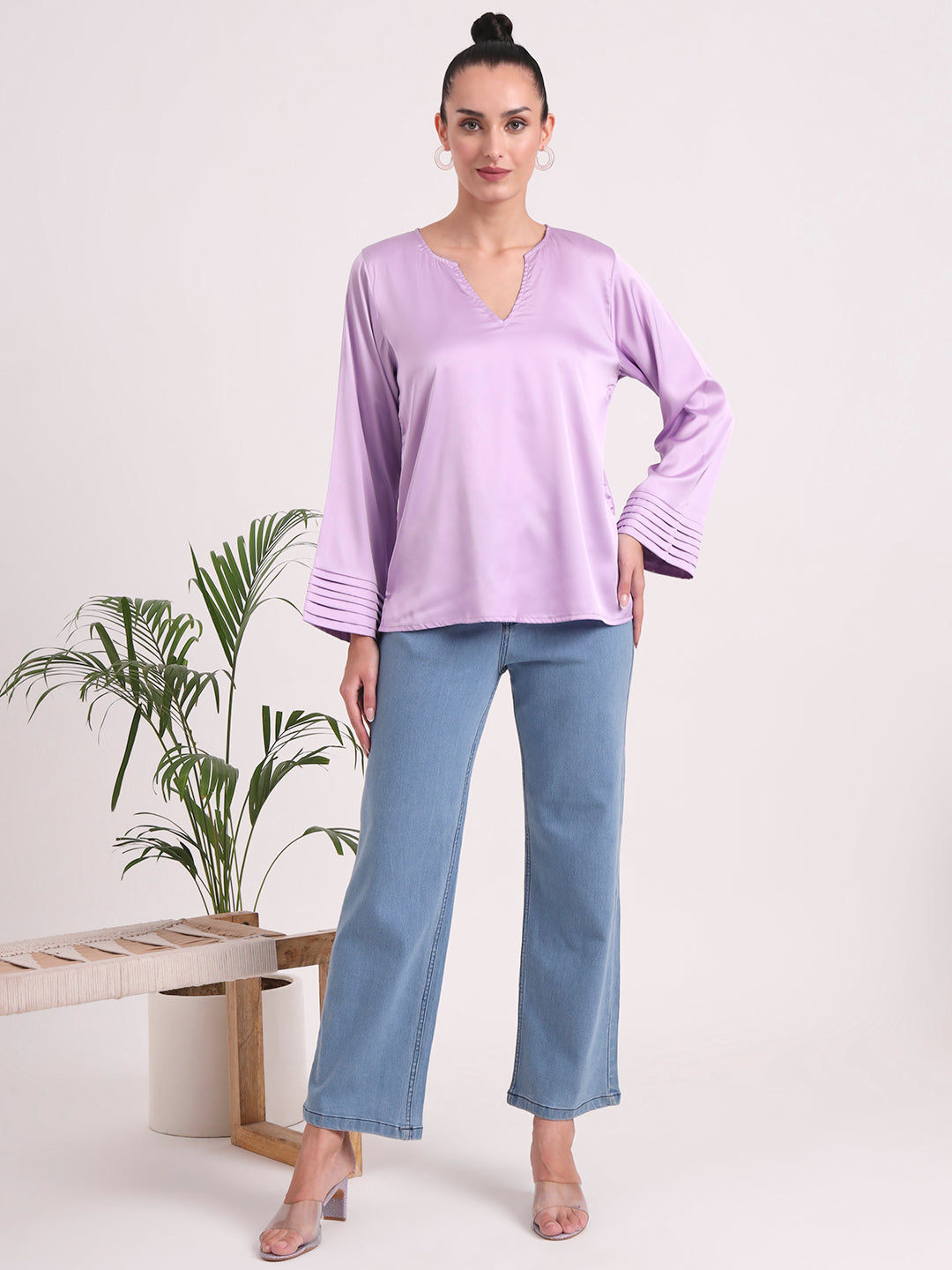 Women's European Satin V Neck Long Sleeve Top