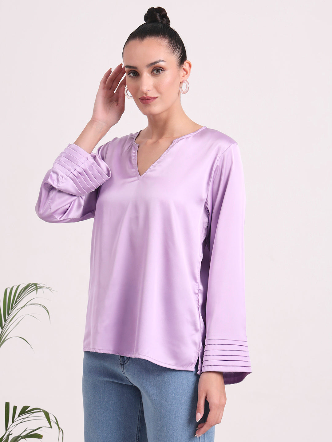 Women's European Satin V Neck Long Sleeve Top