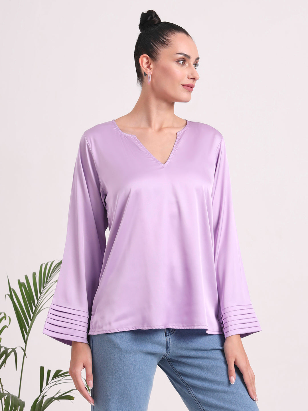 Women's European Satin V Neck Long Sleeve Top