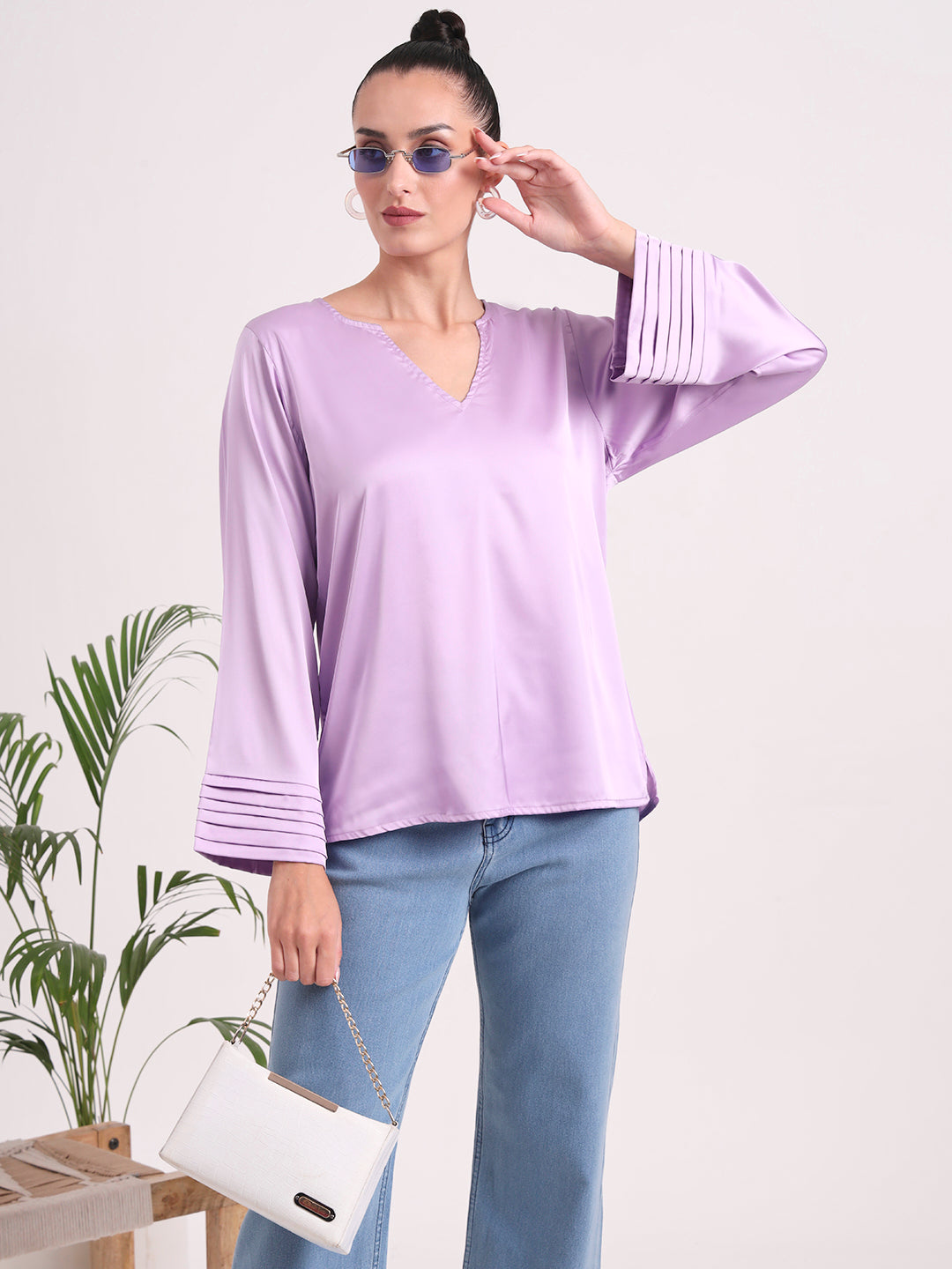 Women's European Satin V Neck Long Sleeve Top