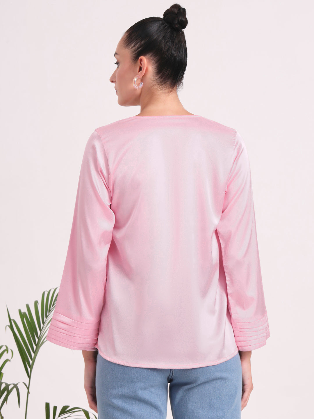 Women's European Satin V Neck Long Sleeve Top