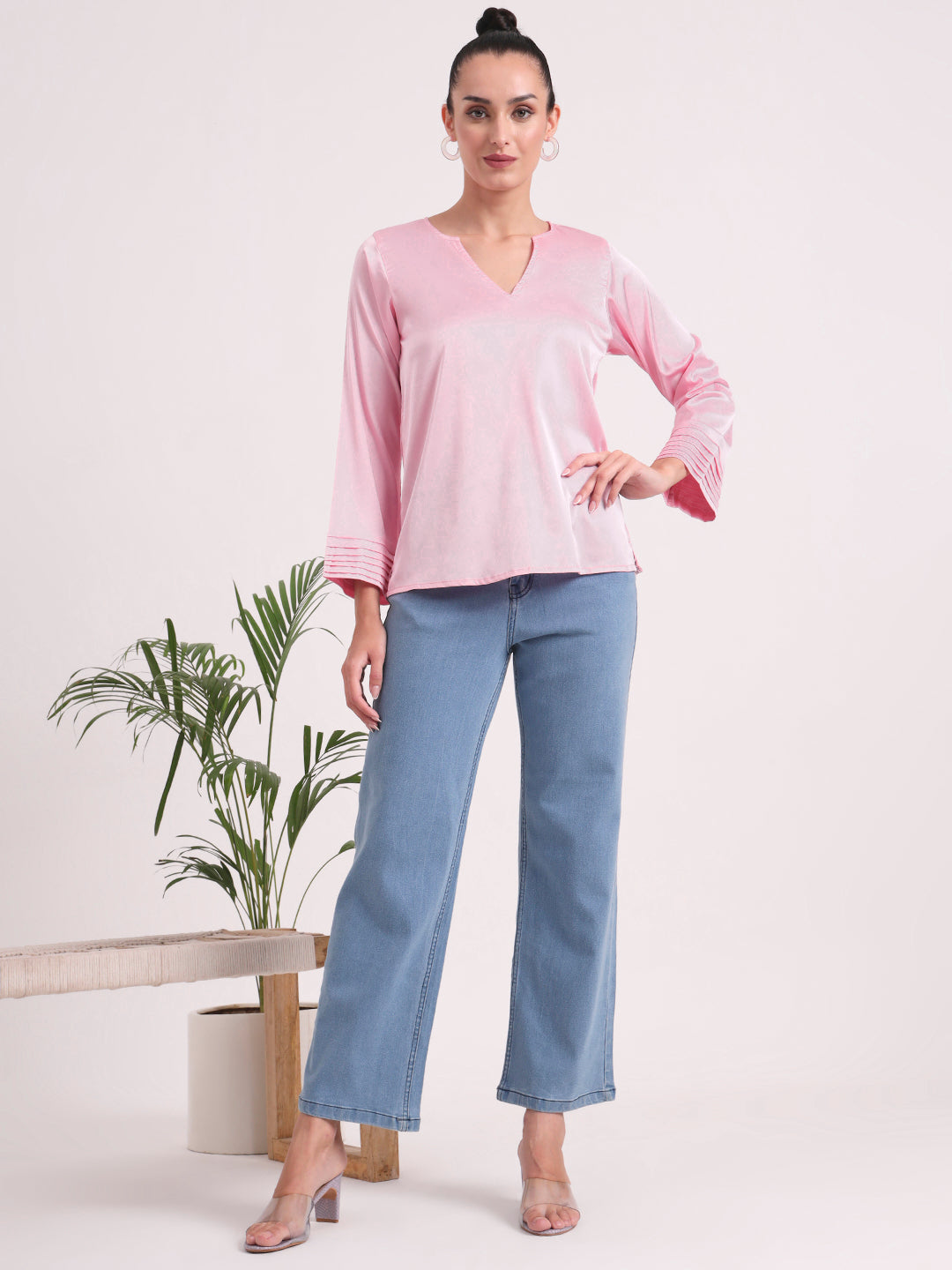 Women's European Satin V Neck Long Sleeve Top