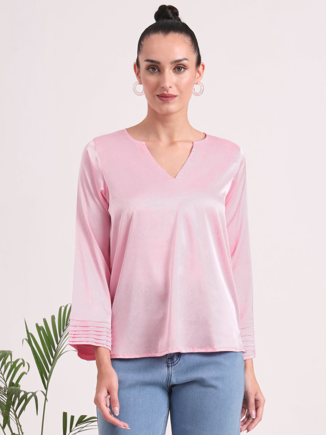 Women's European Satin V Neck Long Sleeve Top