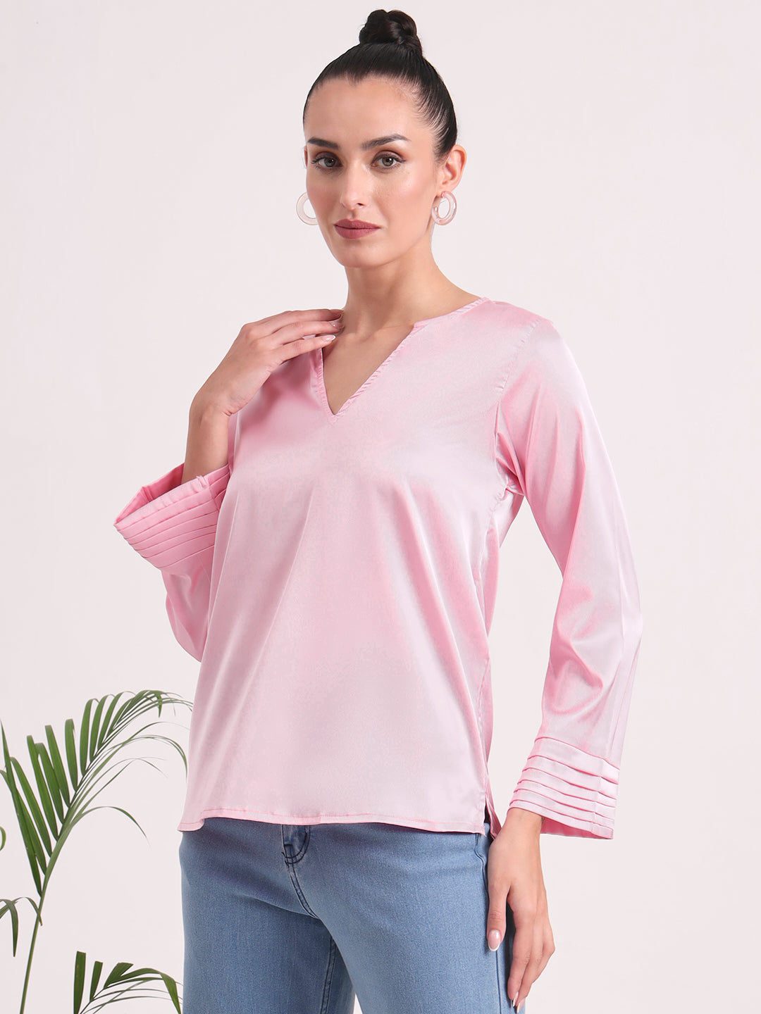 Women's European Satin V Neck Long Sleeve Top