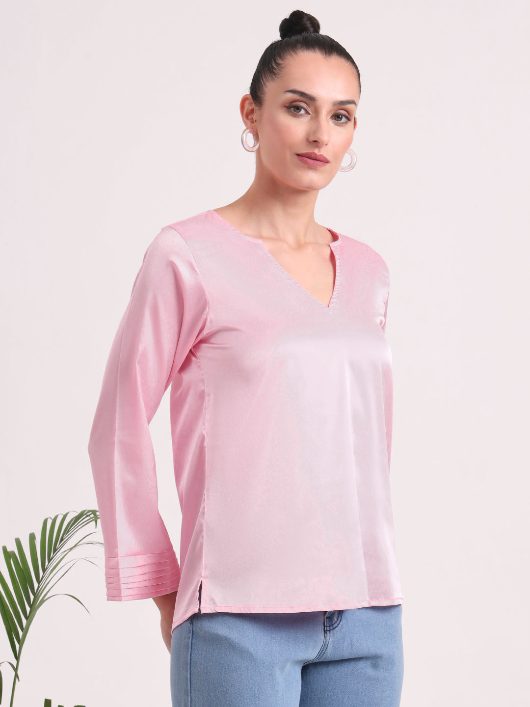 Women's European Satin V Neck Long Sleeve Top