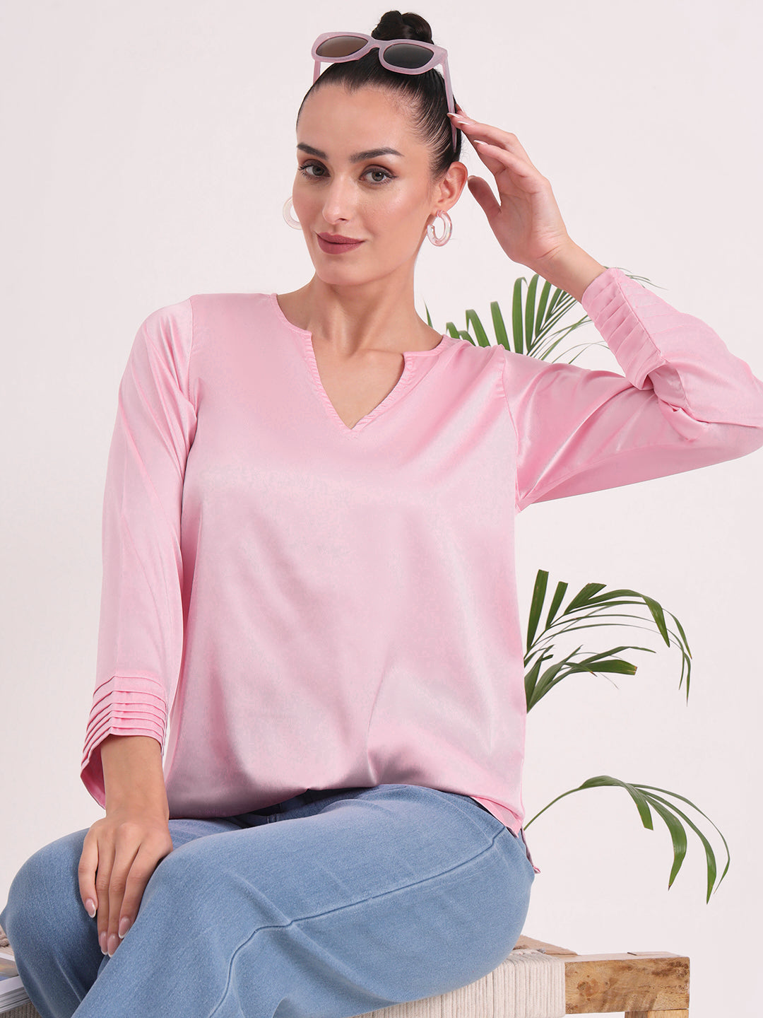 Women's European Satin V Neck Long Sleeve Top
