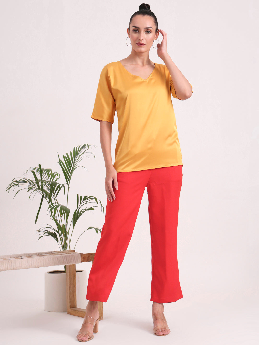 Women's  European Satin-Finish, V-Neck Top