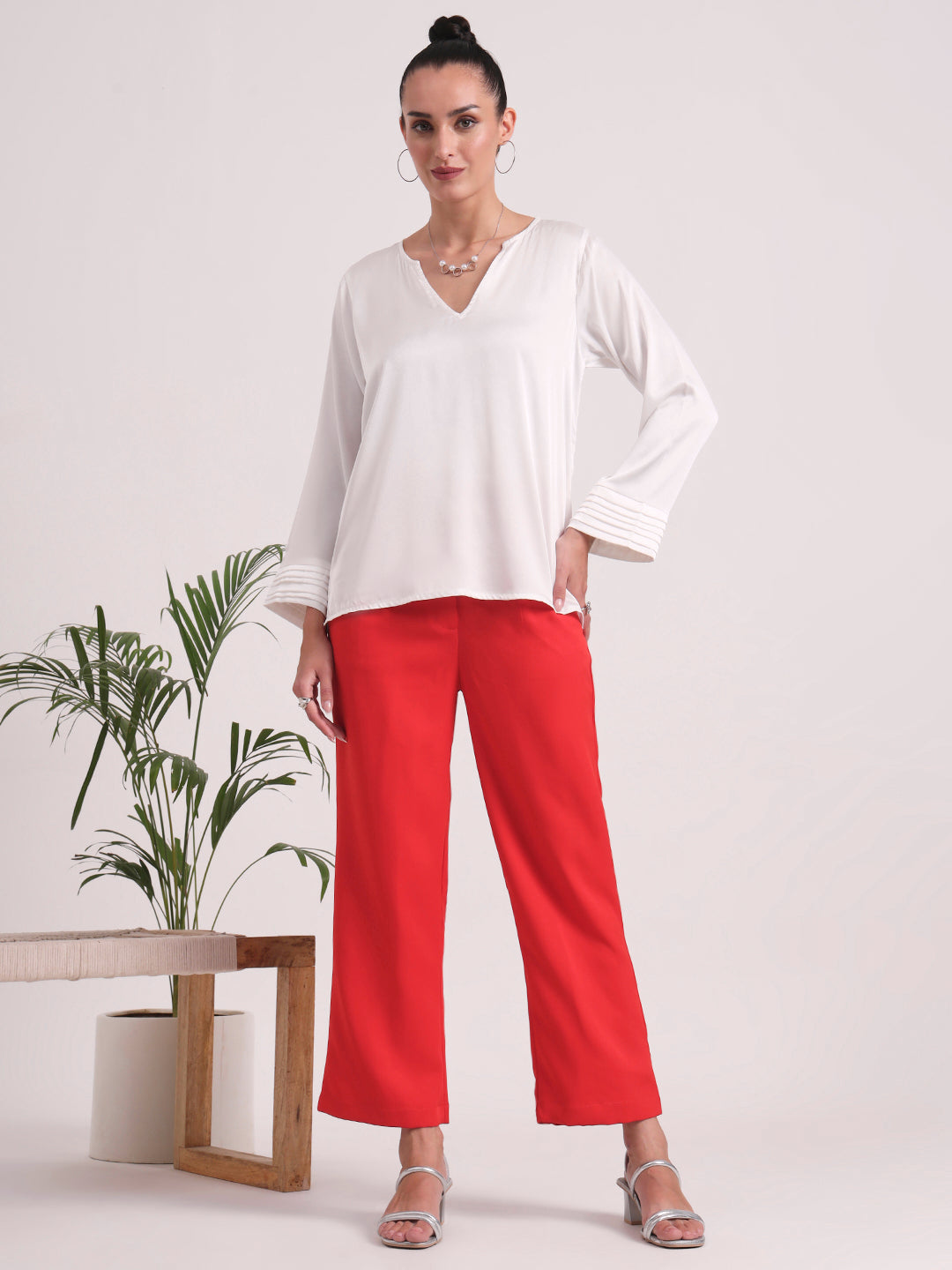 Women's European Satin V Neck Long Sleeve Top