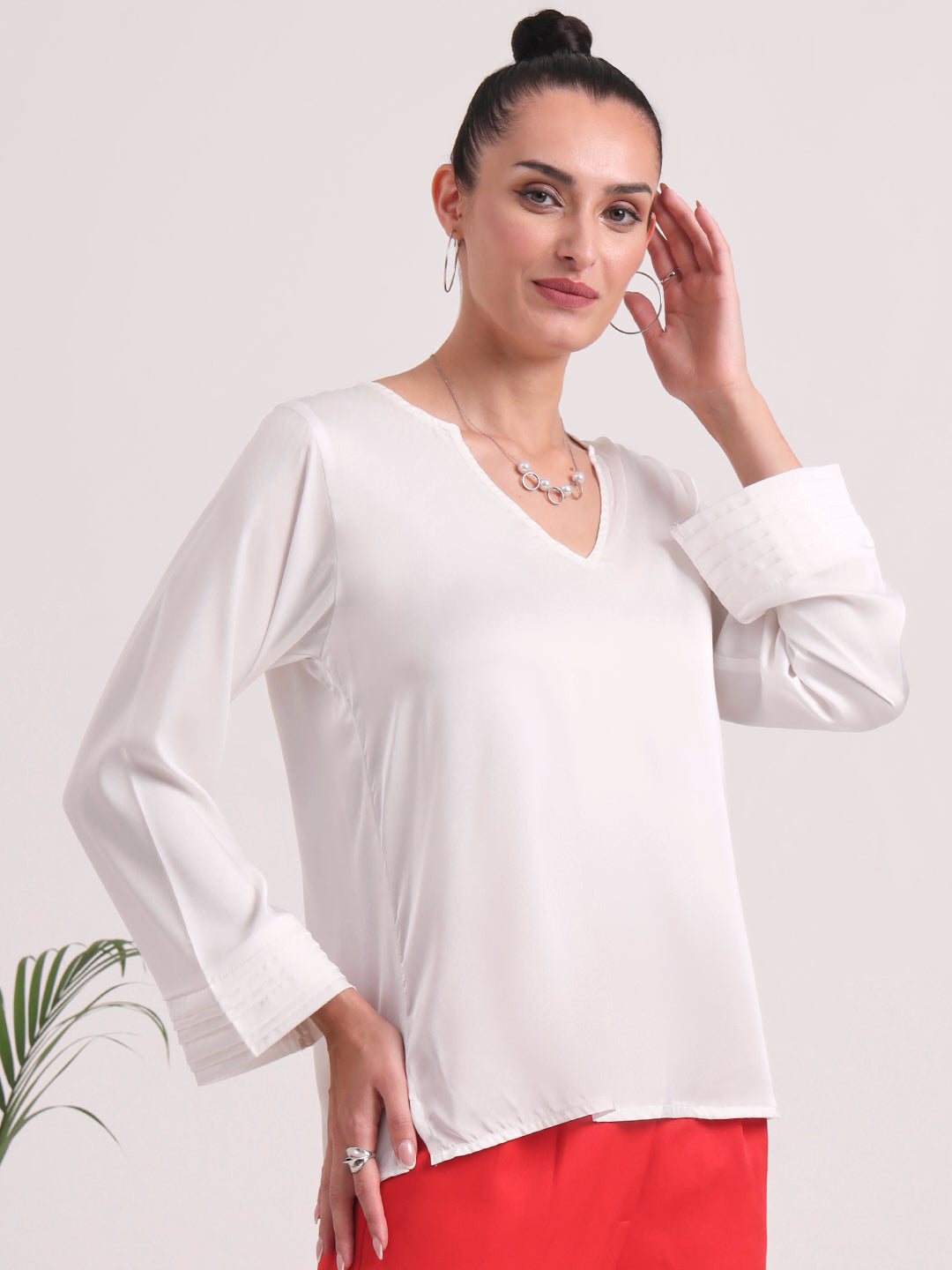 Women's European Satin V Neck Long Sleeve Top