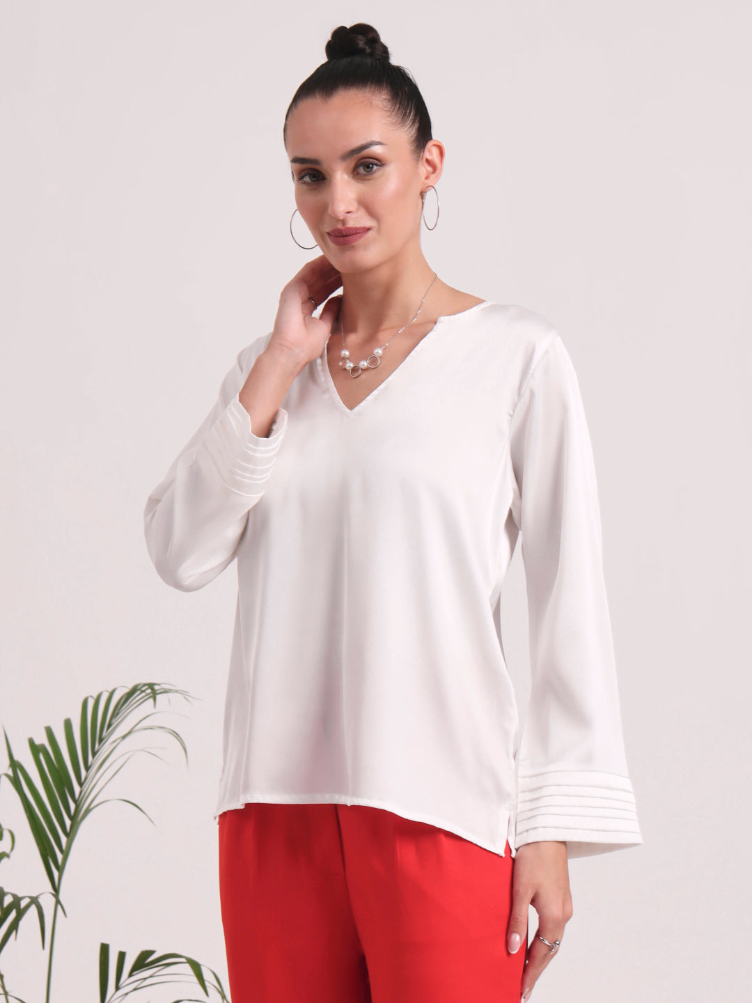 Women's European Satin V Neck Long Sleeve Top