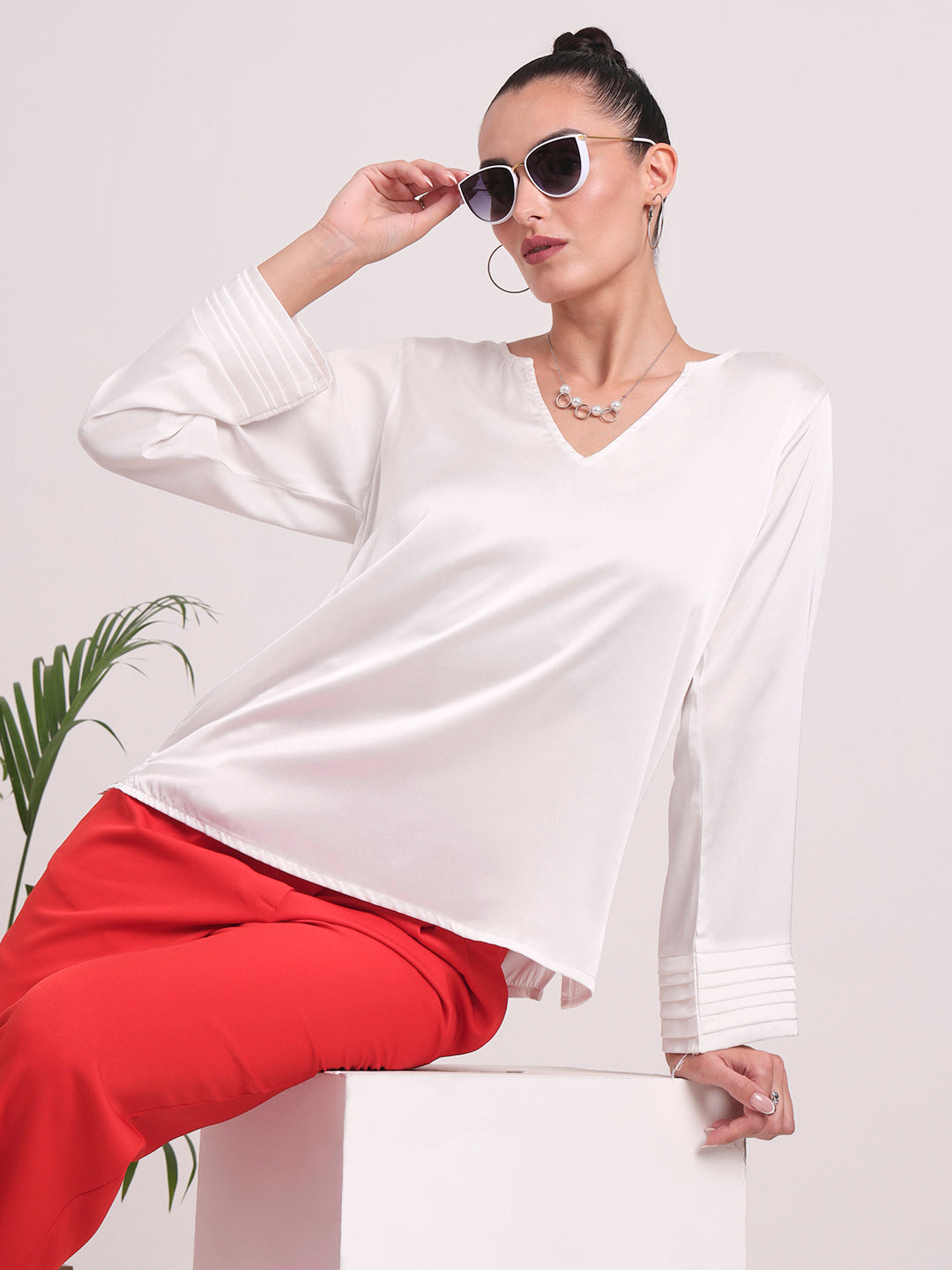 Women's European Satin V Neck Long Sleeve Top