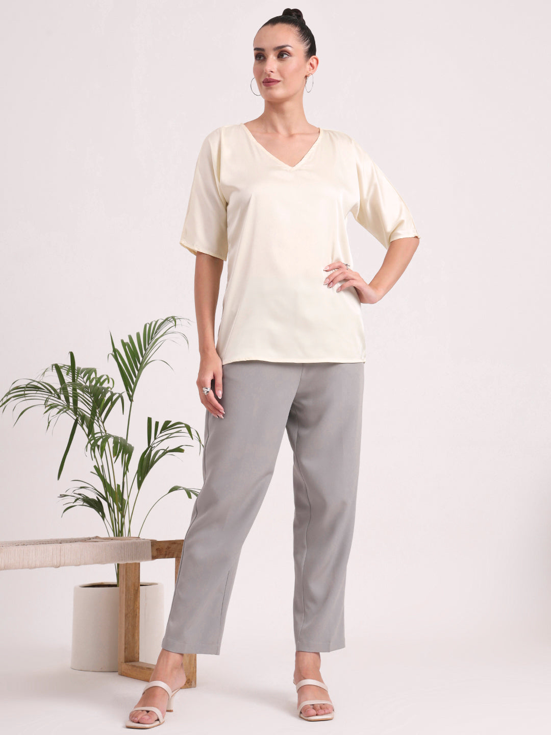 Women's  European Satin-Finish, V-Neck Top