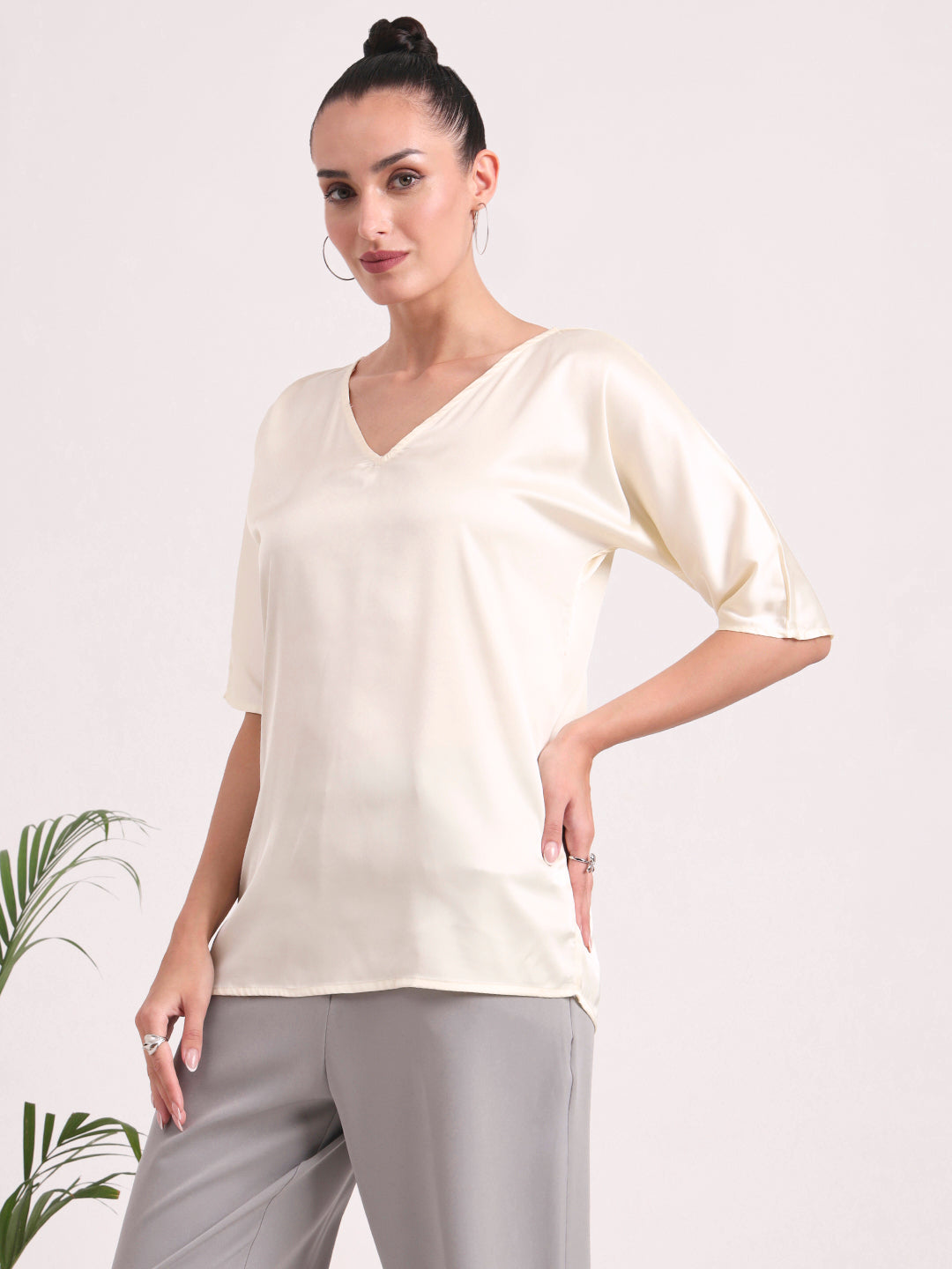 Women's  European Satin-Finish, V-Neck Top