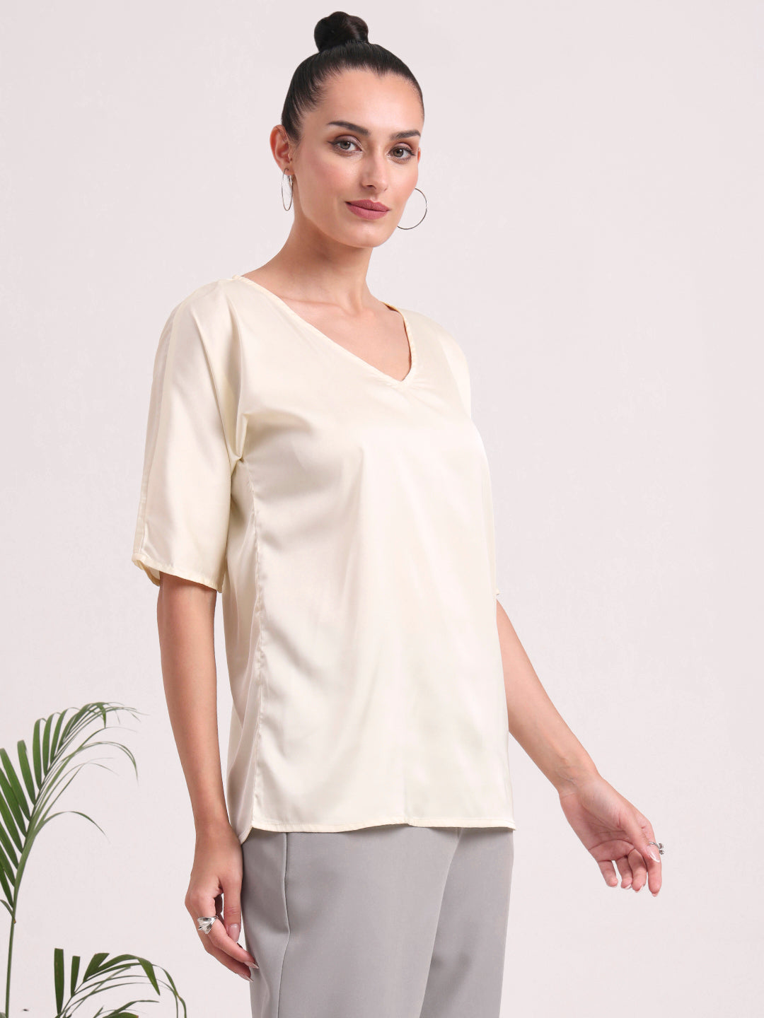 Women's  European Satin-Finish, V-Neck Top