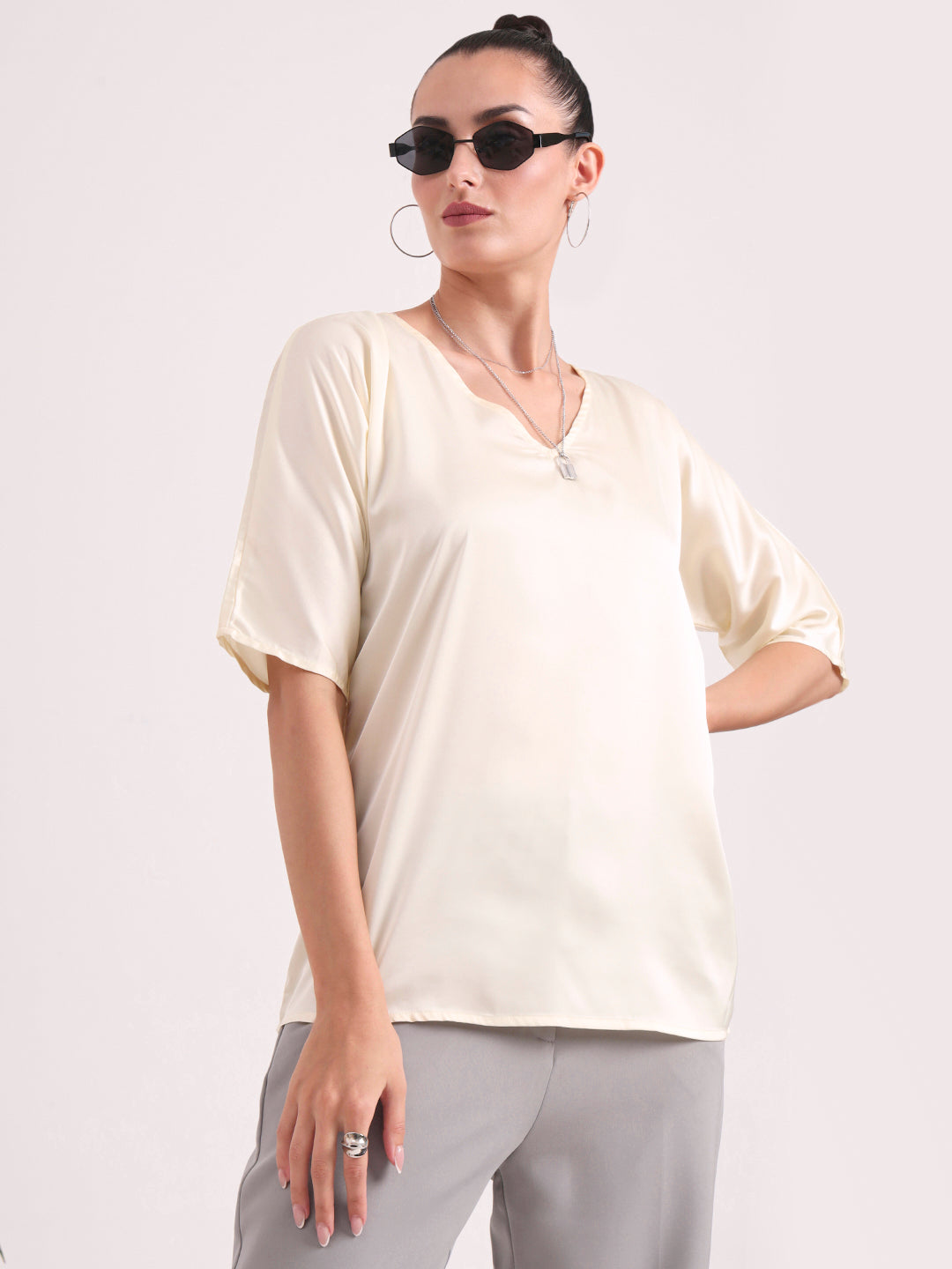 Women's  European Satin-Finish, V-Neck Top