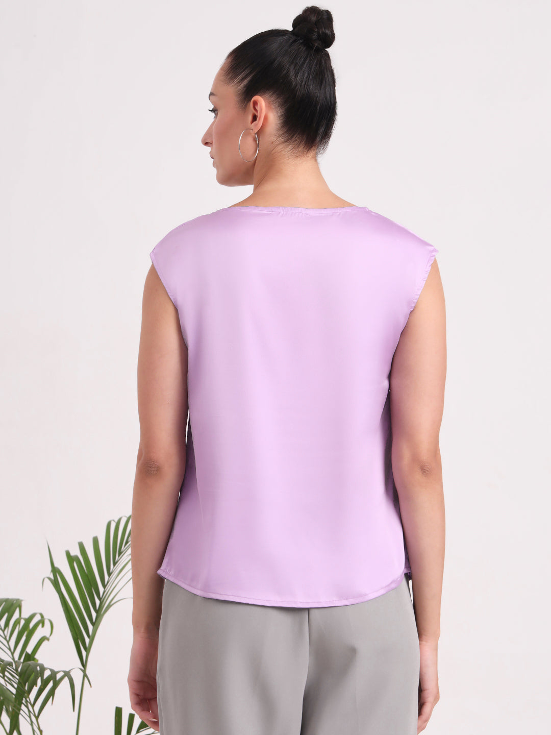 Women's European Satin Solid Crew Neck Top