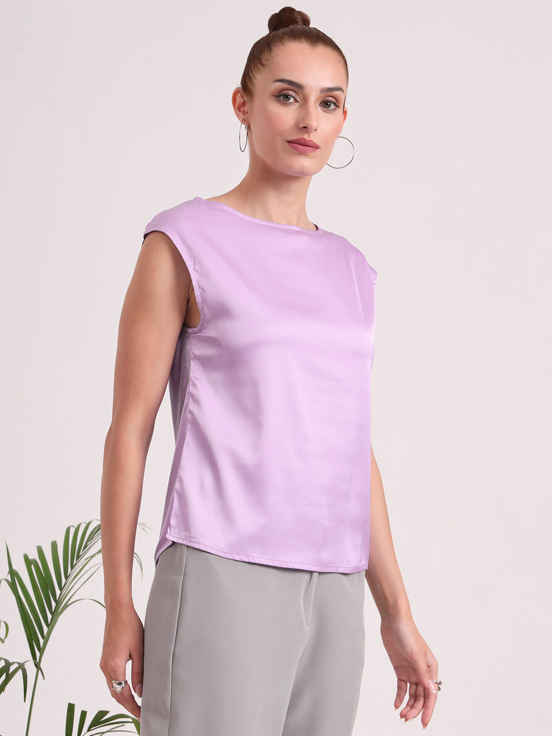 Women's European Satin Solid Crew Neck Top