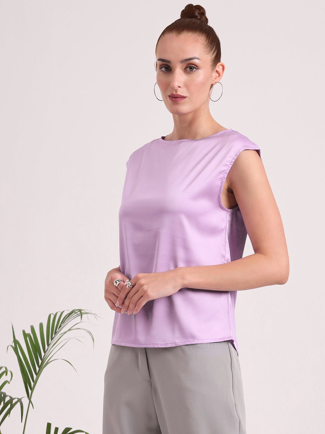 Women's European Satin Solid Crew Neck Top