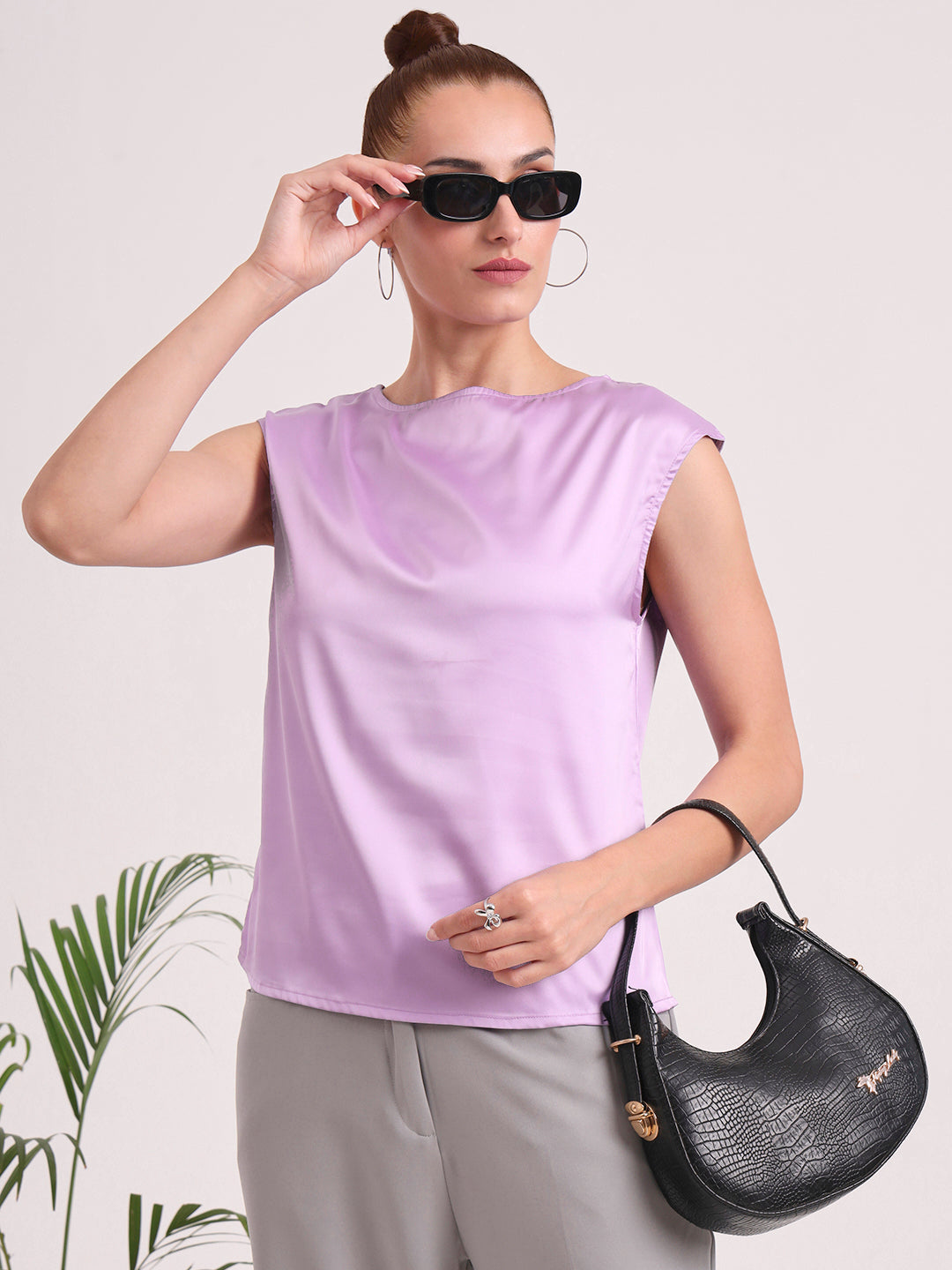 Women's European Satin Solid Crew Neck Top