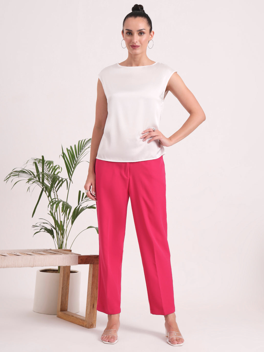 Women's European Satin Solid Crew Neck Top