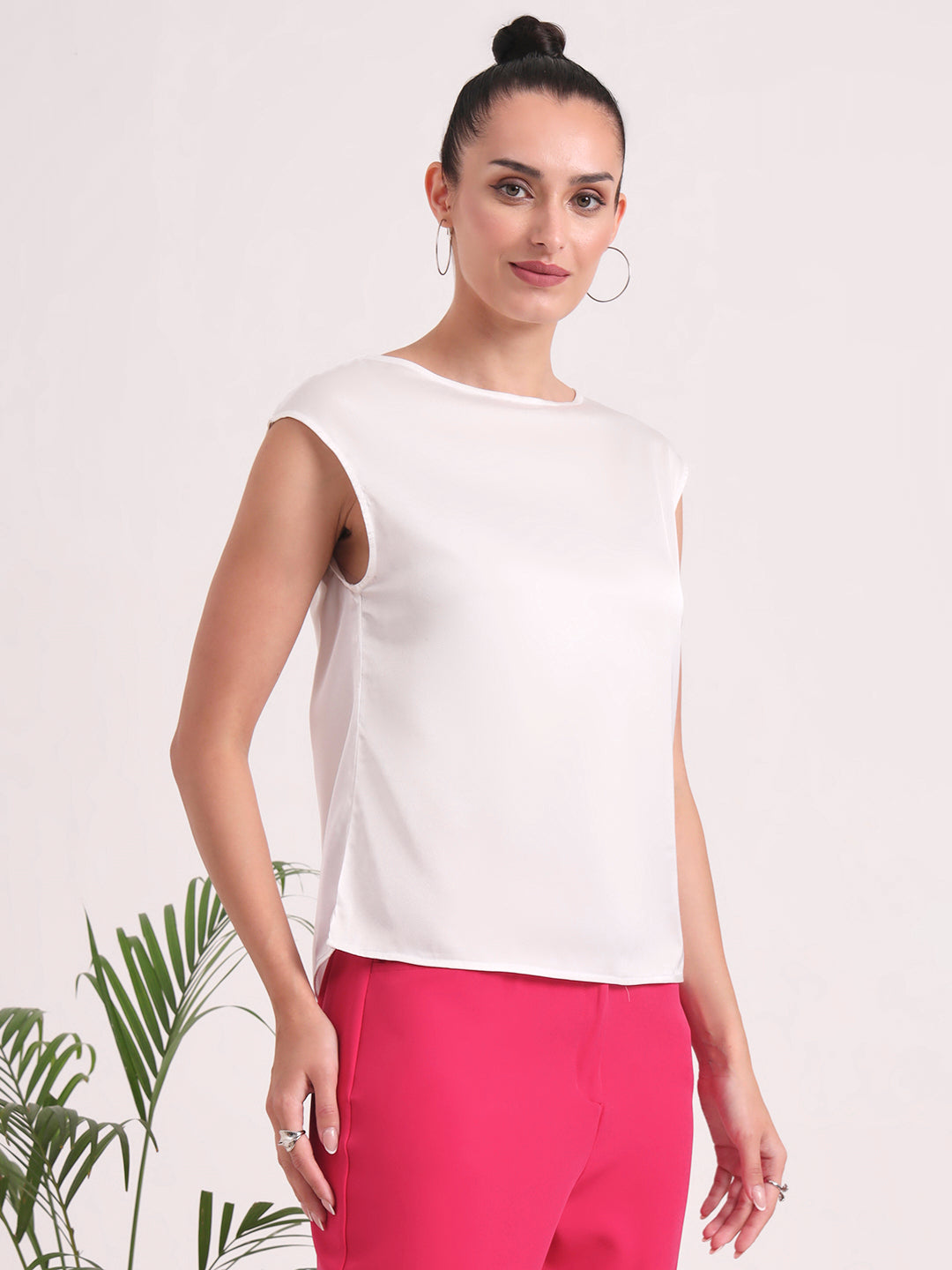 Women's European Satin Solid Crew Neck Top