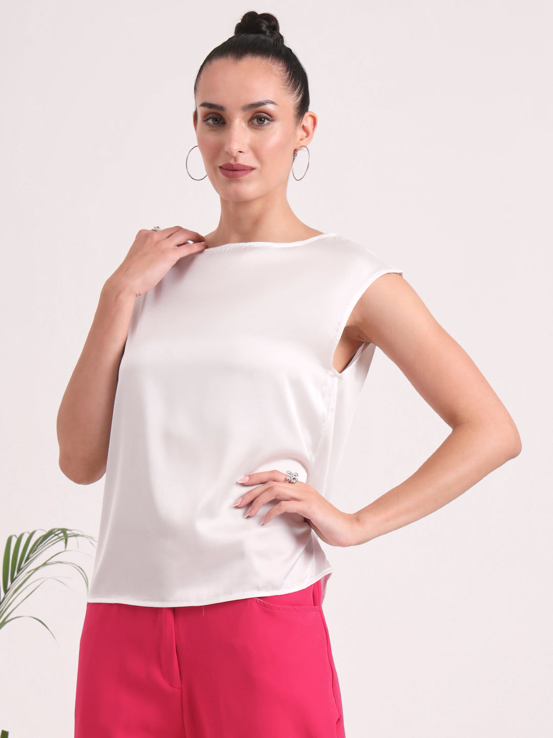 Women's European Satin Solid Crew Neck Top