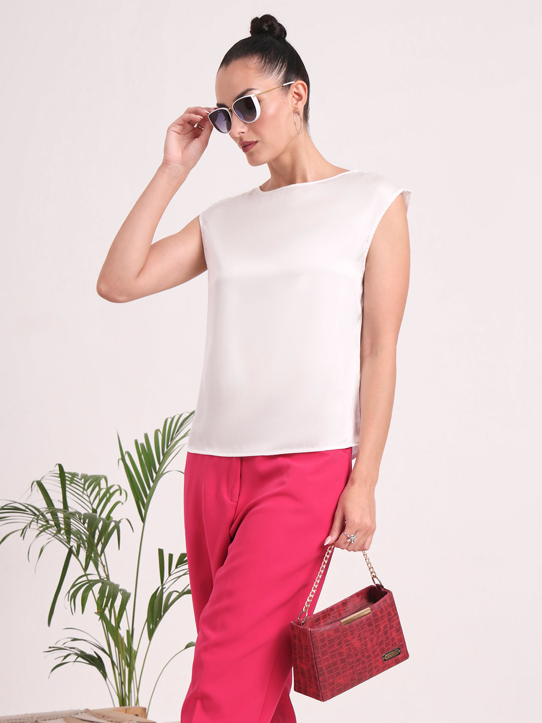 Women's European Satin Solid Crew Neck Top