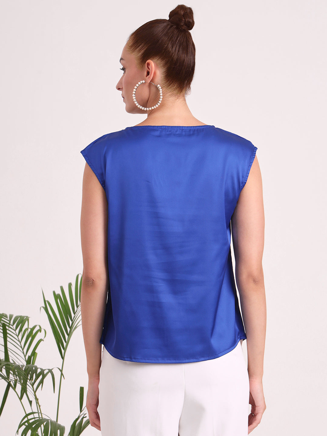 Women's European Satin Solid Crew Neck Top