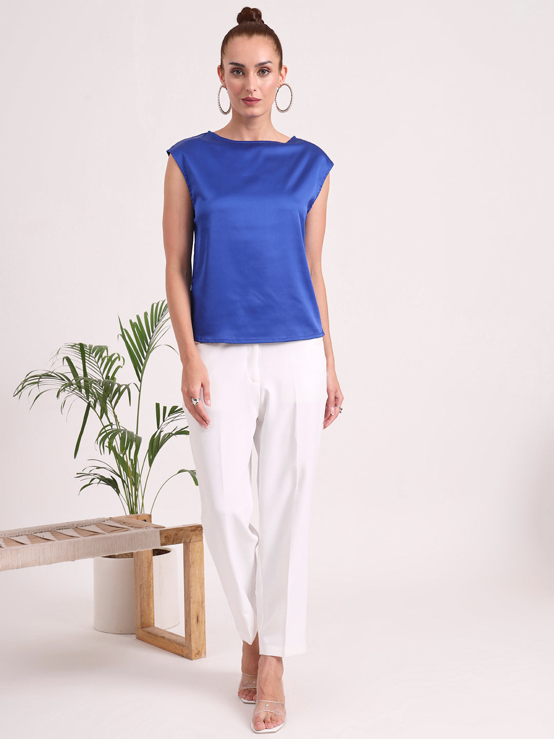 Women's European Satin Solid Crew Neck Top