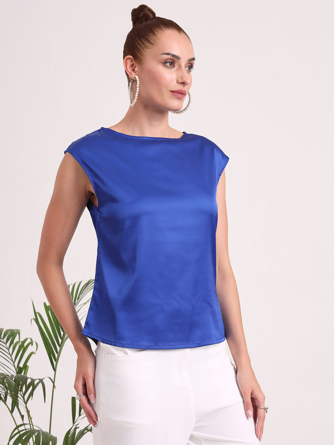 Women's European Satin Solid Crew Neck Top