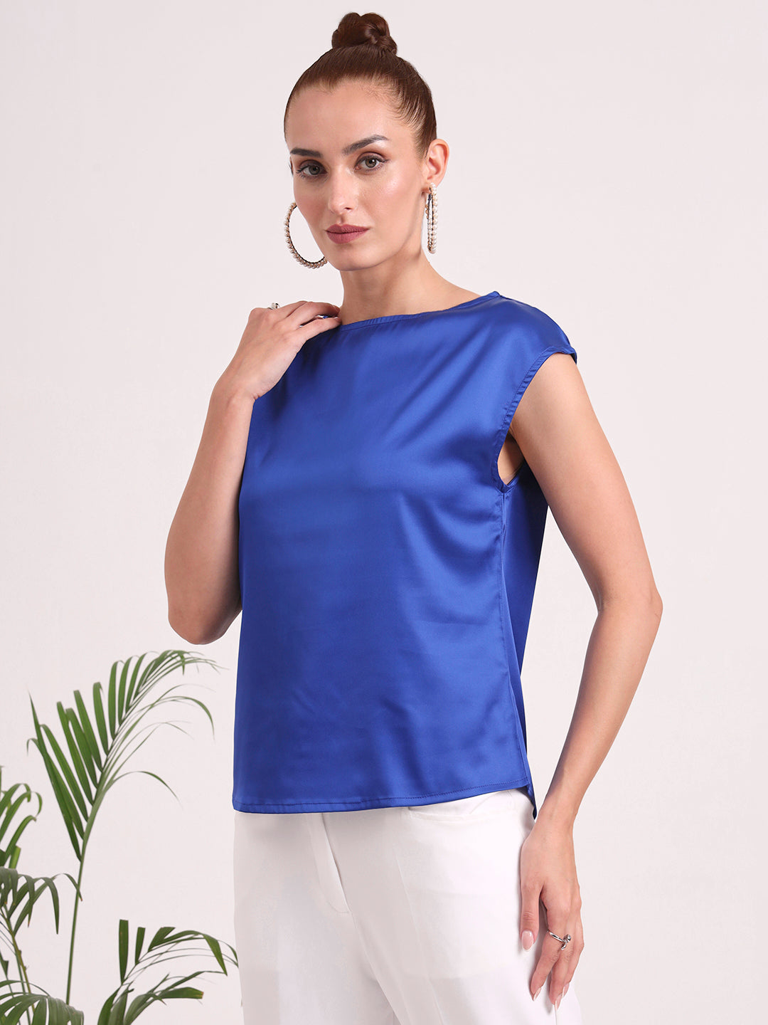 Women's European Satin Solid Crew Neck Top
