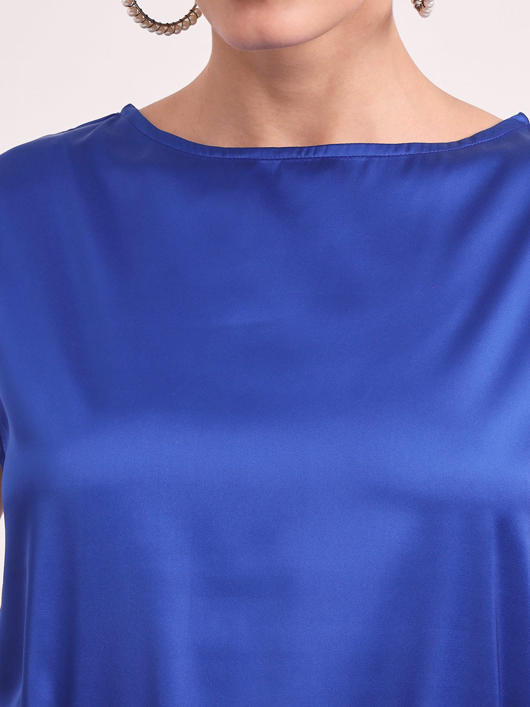 Women's European Satin Solid Crew Neck Top