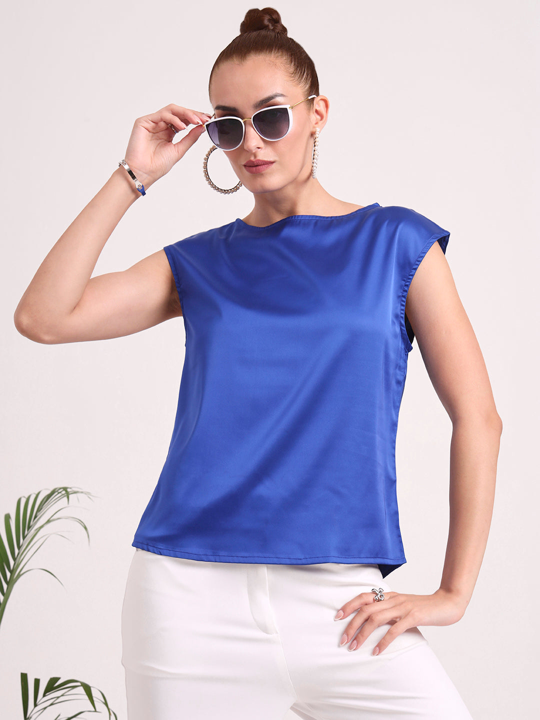 Women's European Satin Solid Crew Neck Top