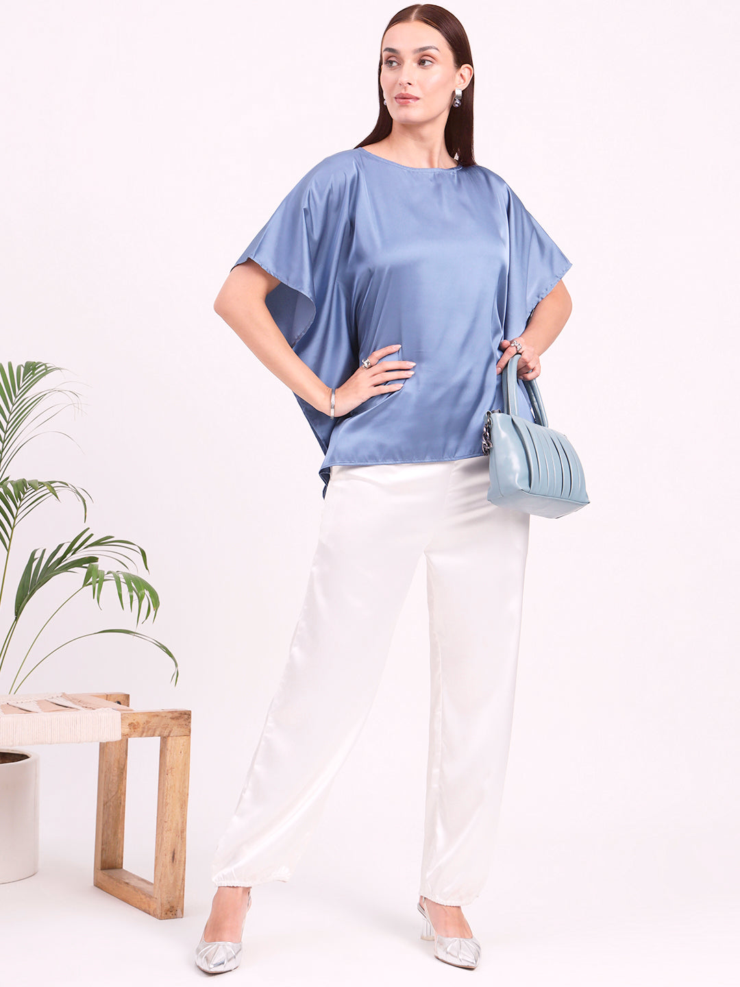 Women's European Satin Solid Baturing Sleeve Crepe