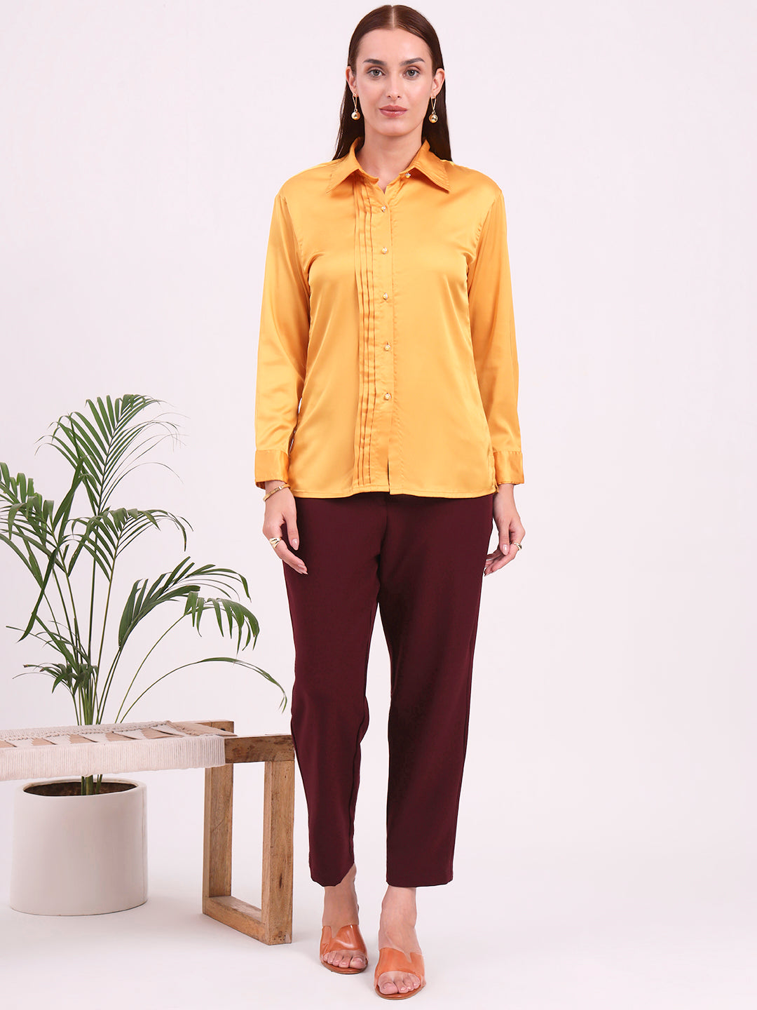 Tailored Fit European Satin Shirt With Pleated Placket