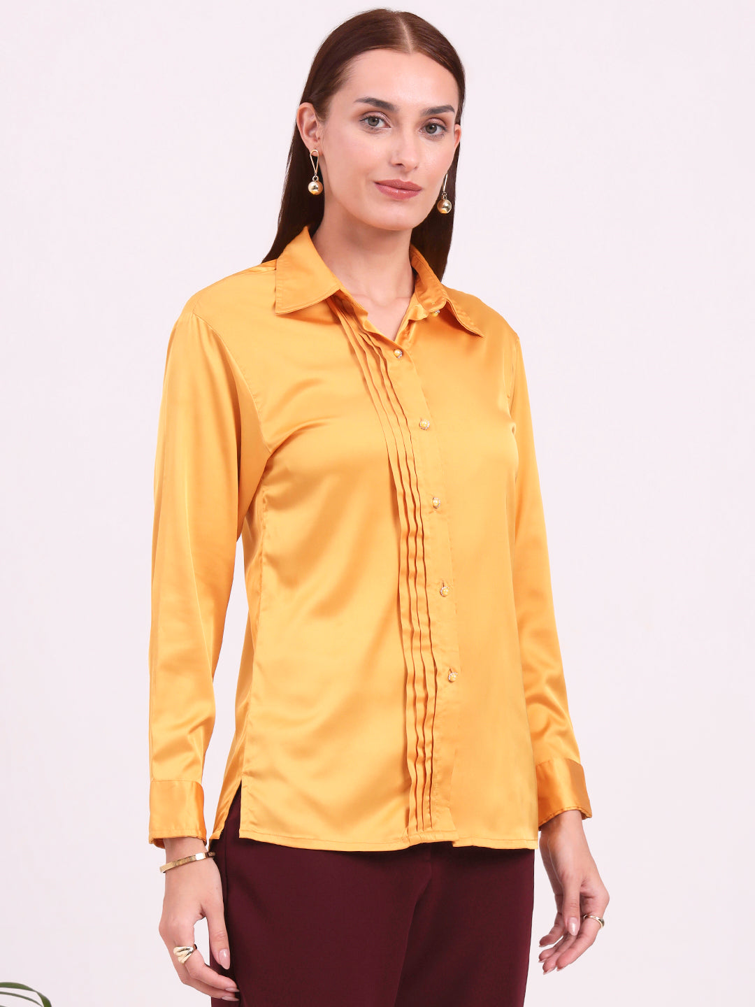 Tailored Fit European Satin Shirt With Pleated Placket