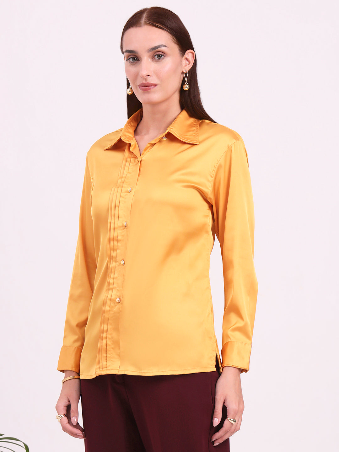 Tailored Fit European Satin Shirt With Pleated Placket