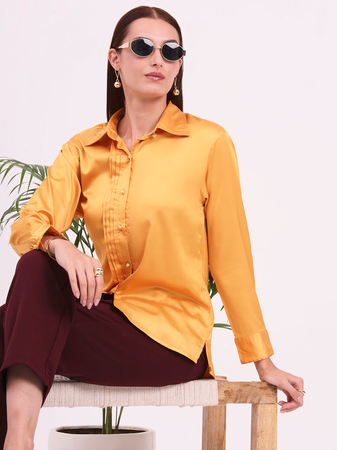 Tailored Fit European Satin Shirt With Pleated Placket