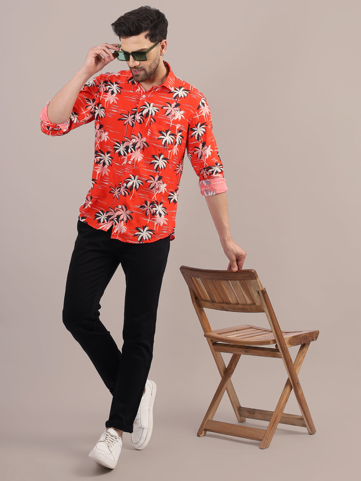 AMSWAN   MEN'S PREMIUM RAYON SHIRT WITH RED FLOWER PRINT