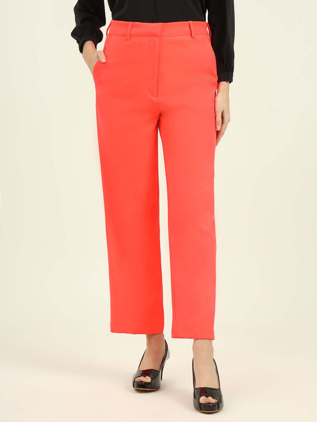 WOMEN'S LUXURY BANANA CREPE FLAME STRAIGHT FIT FLAP POCKET TROUSER