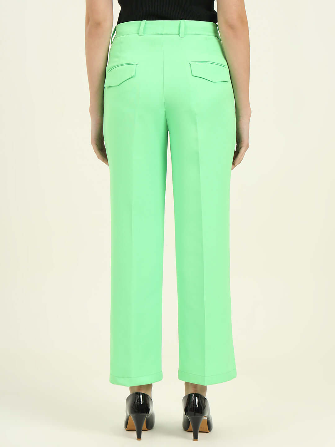 WOMEN'S LUXURY BANANA CREPE SCREAMIN GREEN STRAIGHT FIT FLAP POCKET TROUSER