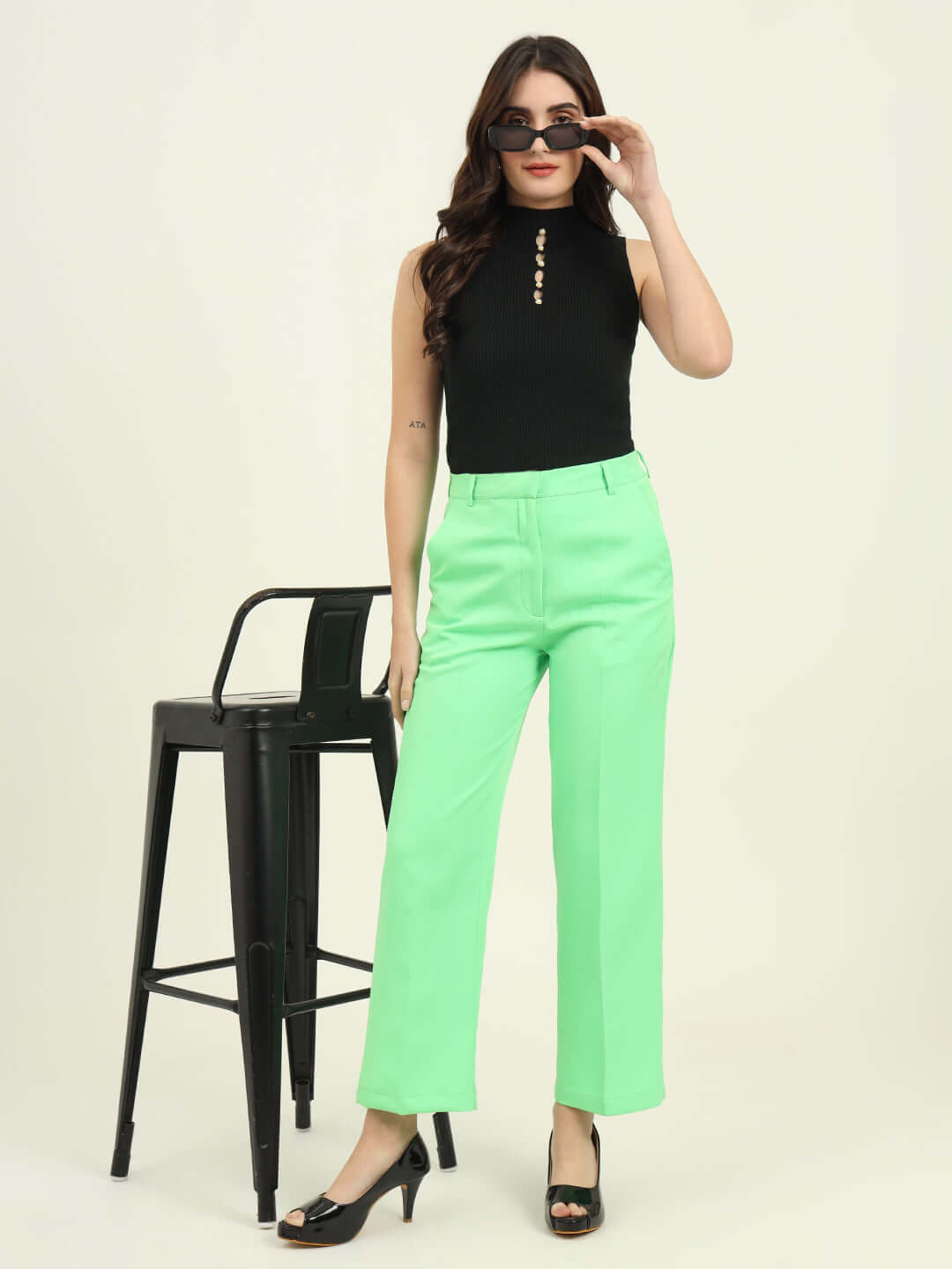 WOMEN'S LUXURY BANANA CREPE SCREAMIN GREEN STRAIGHT FIT FLAP POCKET TROUSER