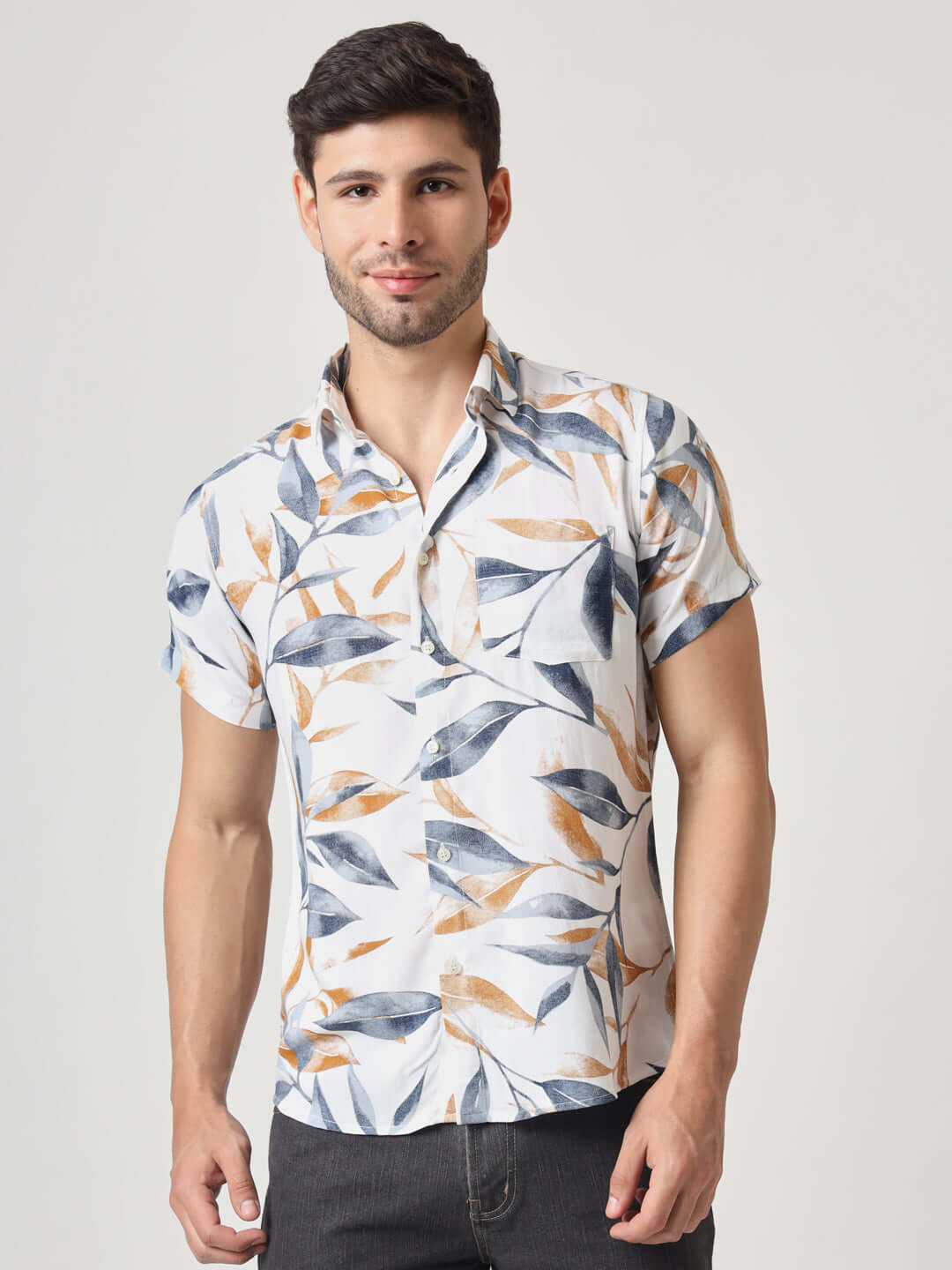 Amswan Men's Premium Rayon Shirt With Blue Leaf Print