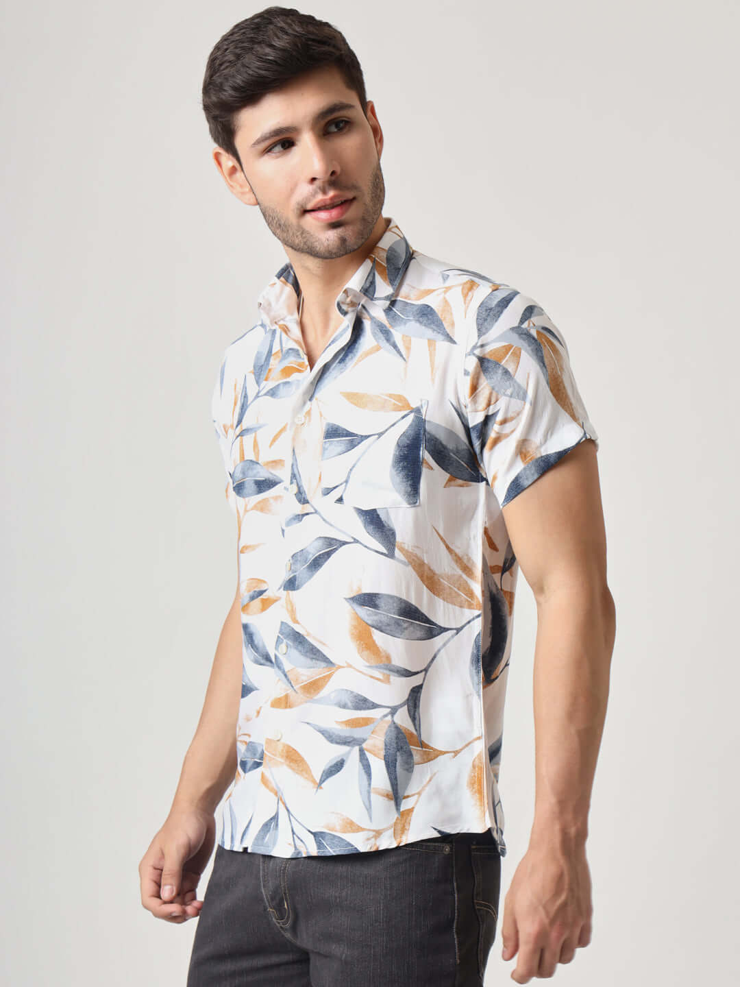 Amswan Men's Premium Rayon Shirt With Blue Leaf Print