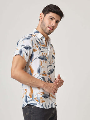 Amswan Men's Premium Rayon Shirt With Blue Leaf Print
