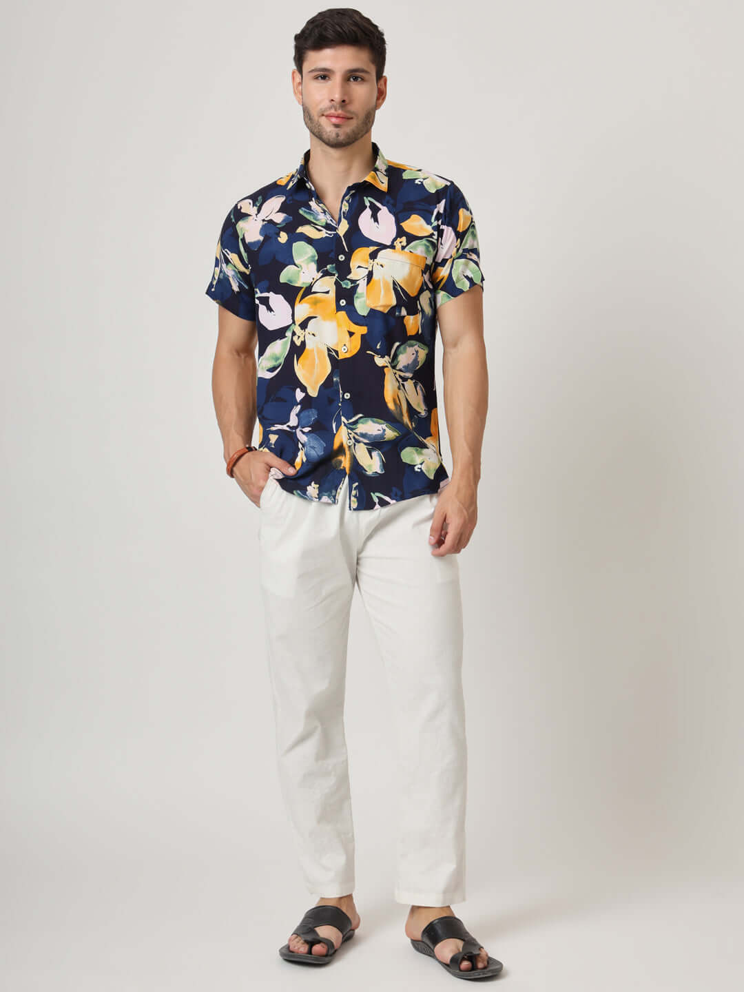 Navy Floral Print Premium Rayon Shirt