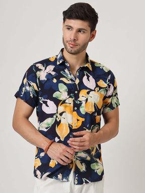 Navy Floral Print Premium Rayon Shirt