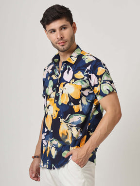 Navy Floral Print Premium Rayon Shirt